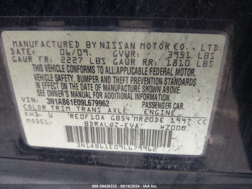 2009 Nissan Sentra 2.0 VIN: 3N1AB61E09L679962 Lot: 39436332