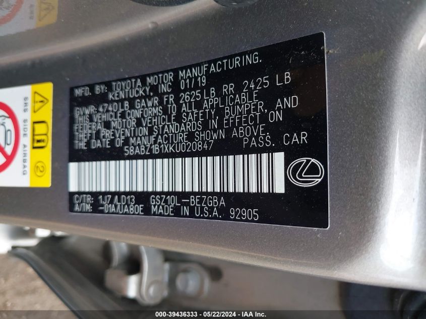 2019 Lexus Es 350 VIN: 58ABZ1B1XKU020847 Lot: 39436333