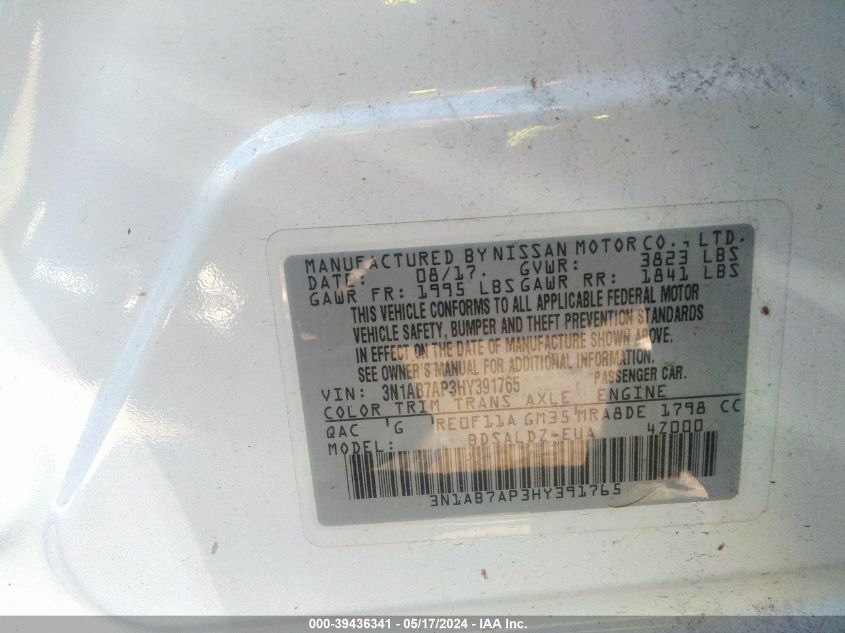 2017 Nissan Sentra Sv VIN: 3N1AB7AP3HY391765 Lot: 39436341