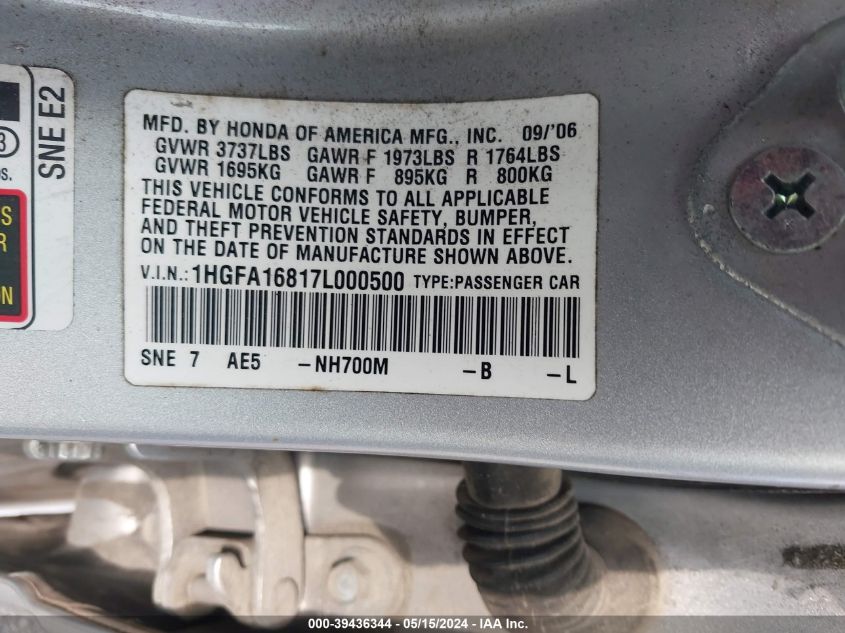 2007 Honda Civic Ex VIN: 1HGFA16817L000500 Lot: 39436344