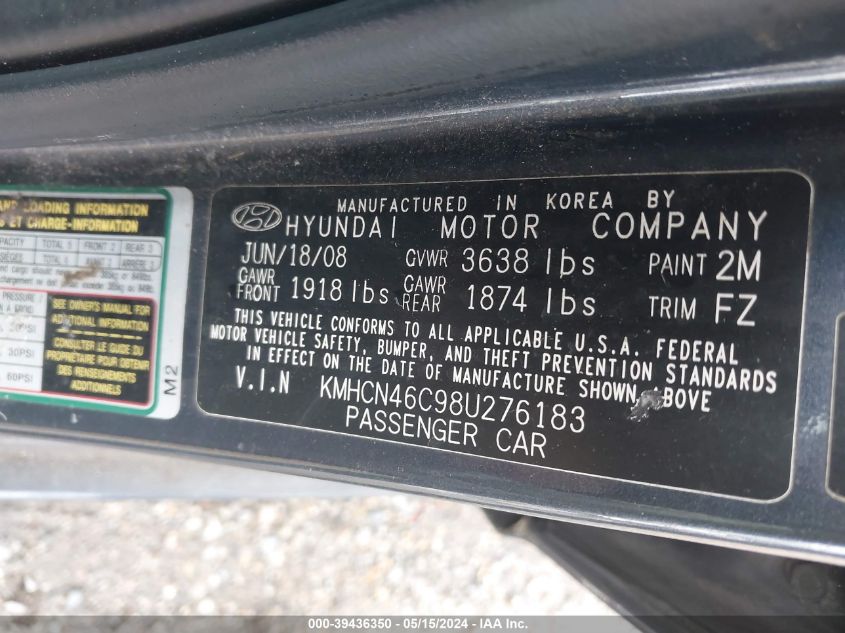 2008 Hyundai Accent Gls VIN: KMHCN46C98U276183 Lot: 39436350