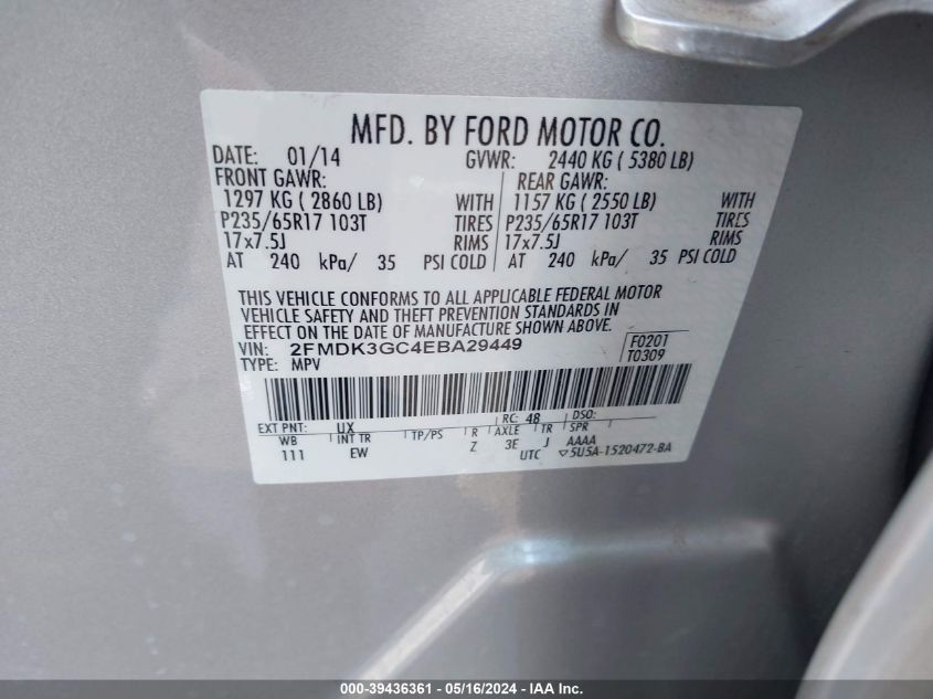 2014 Ford Edge Se VIN: 2FMDK3GC4EBA29449 Lot: 39436361