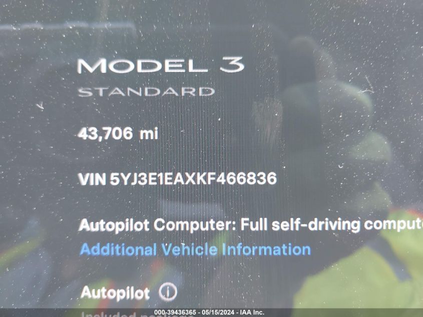 2019 Tesla Model 3 Long Range/Mid Range/Standard Range/Standard Range Plus VIN: 5YJ3E1EAXKF466836 Lot: 39436365