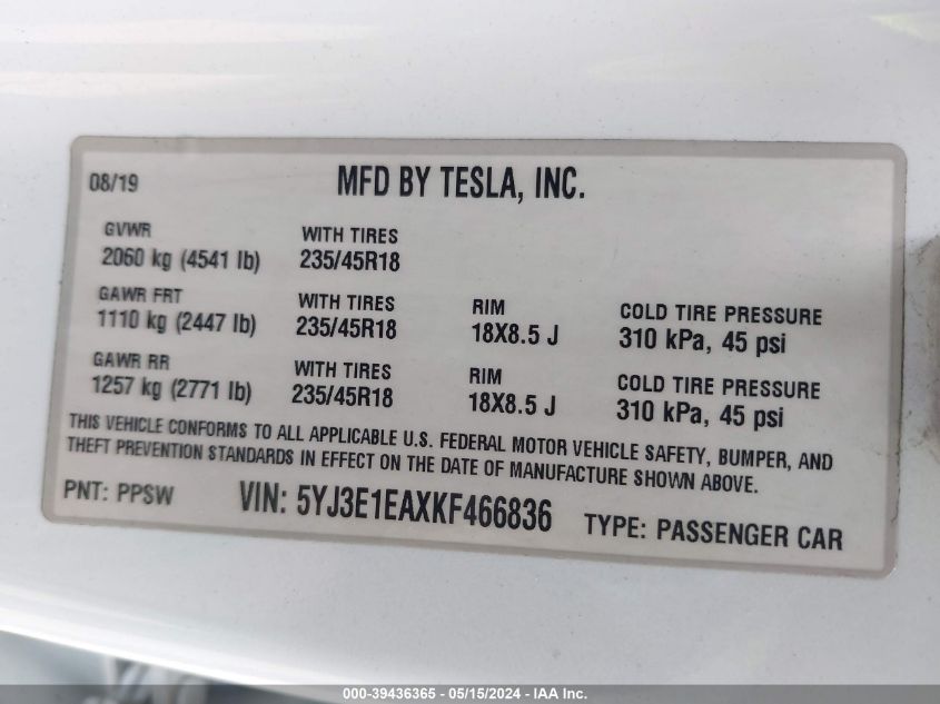 2019 Tesla Model 3 Long Range/Mid Range/Standard Range/Standard Range Plus VIN: 5YJ3E1EAXKF466836 Lot: 39436365
