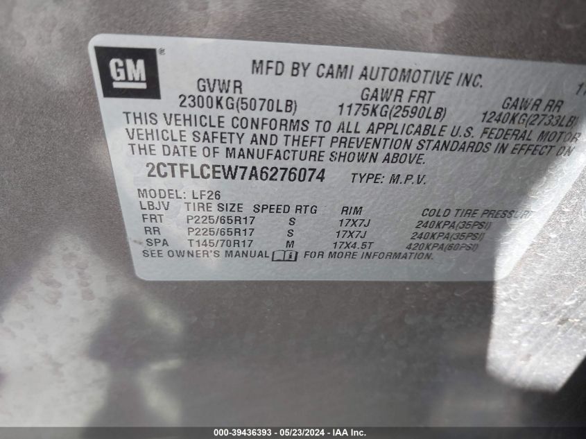 2010 GMC Terrain Sle-1 VIN: 2CTFLCEW7A6276074 Lot: 39436393