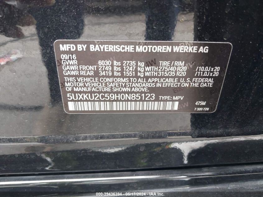 2017 BMW X6 xDrive35I VIN: 5UXKU2C59H0N85123 Lot: 39436394