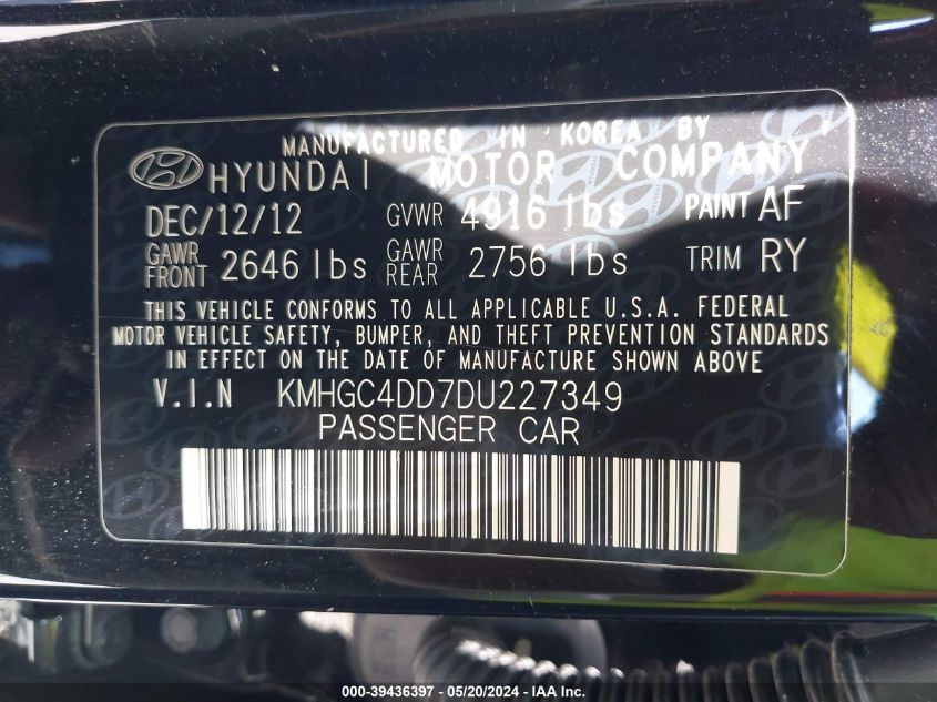 2013 Hyundai Genesis 3.8 VIN: KMHGC4DD7DU227349 Lot: 39436397