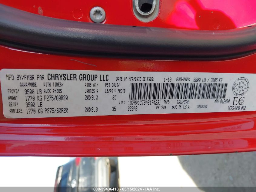 2010 Dodge Ram 1500 Slt/Sport/Trx VIN: 1D7RV1CT9AS174231 Lot: 39436418