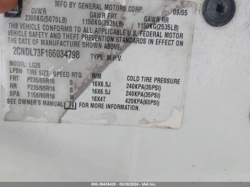 2006 Chevrolet Equinox Lt VIN: 2CNDL73F166034798 Lot: 39436420