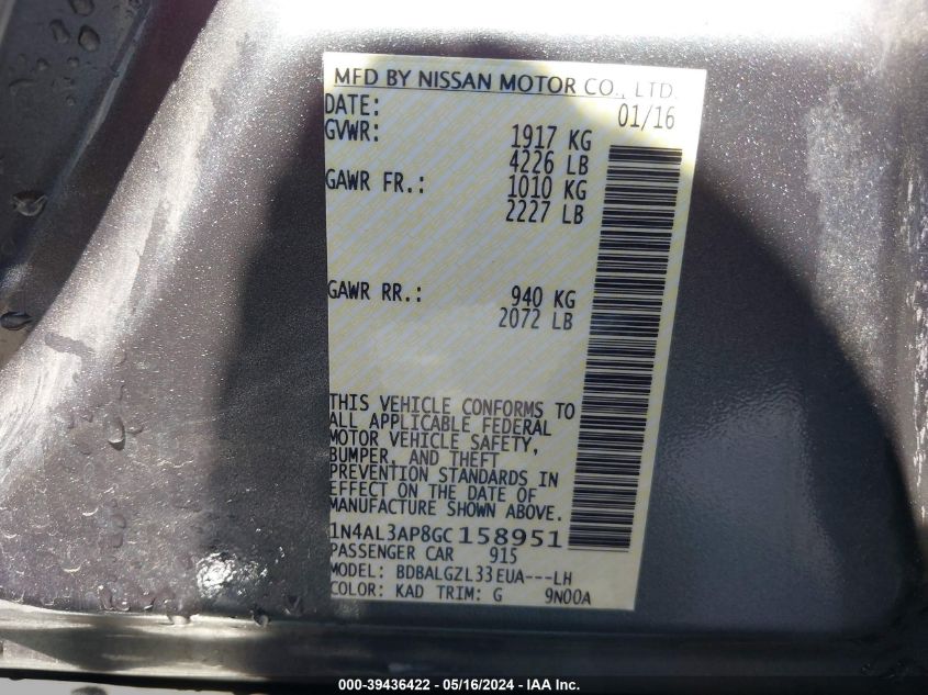 2016 Nissan Altima 2.5 S VIN: 1N4AL3AP8GC158951 Lot: 39436422