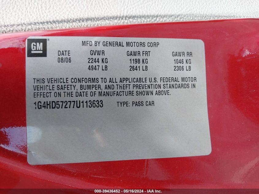 2007 Buick Lucerne Cxl VIN: 1G4HD57277U113633 Lot: 39436452