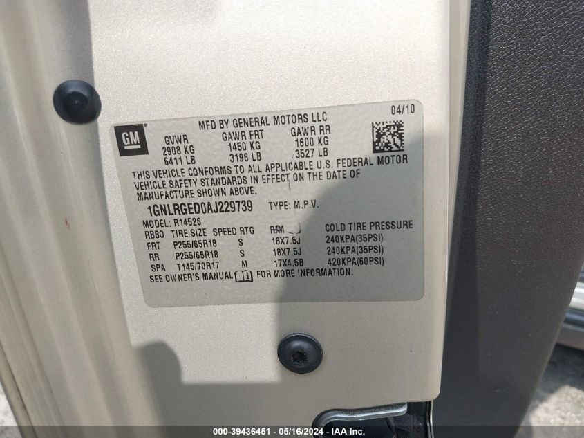 2010 Chevrolet Traverse Lt VIN: 1GNLRGED0AJ229739 Lot: 39436451