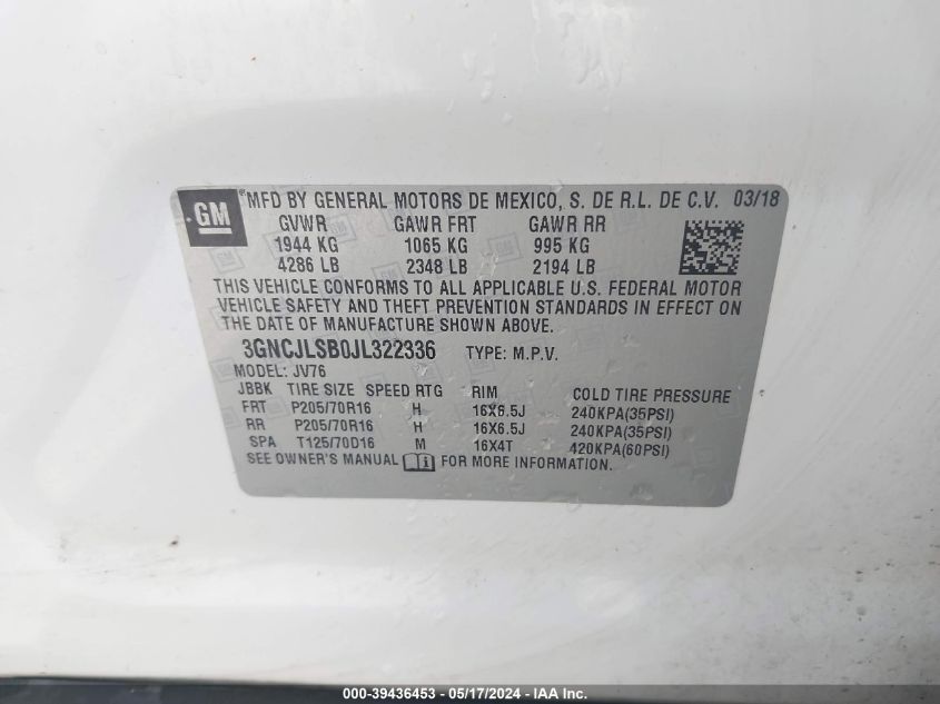 2018 Chevrolet Trax Lt VIN: 3GNCJLSB0JL322336 Lot: 39436453