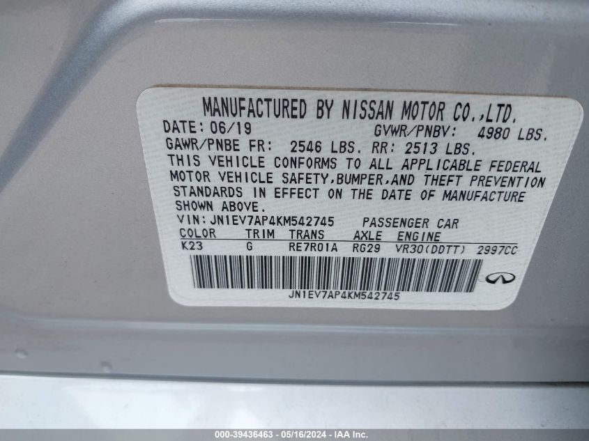 2019 Infiniti Q50 3.0T Sport VIN: JN1EV7AP4KM542745 Lot: 39436463