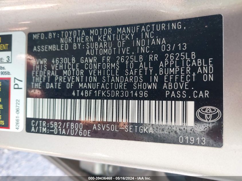 2013 Toyota Camry Xle VIN: 4T4BF1FK5DR301496 Lot: 39436468