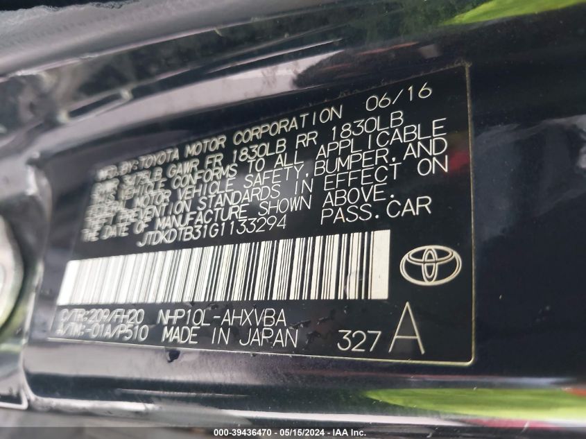 2016 Toyota Prius C VIN: JTDKDTB31G1133294 Lot: 39436470