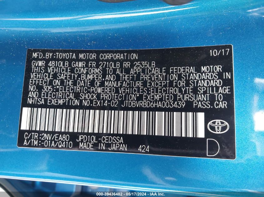 2017 Toyota Mirai VIN: JTDBVRBD6HA003439 Lot: 39436482