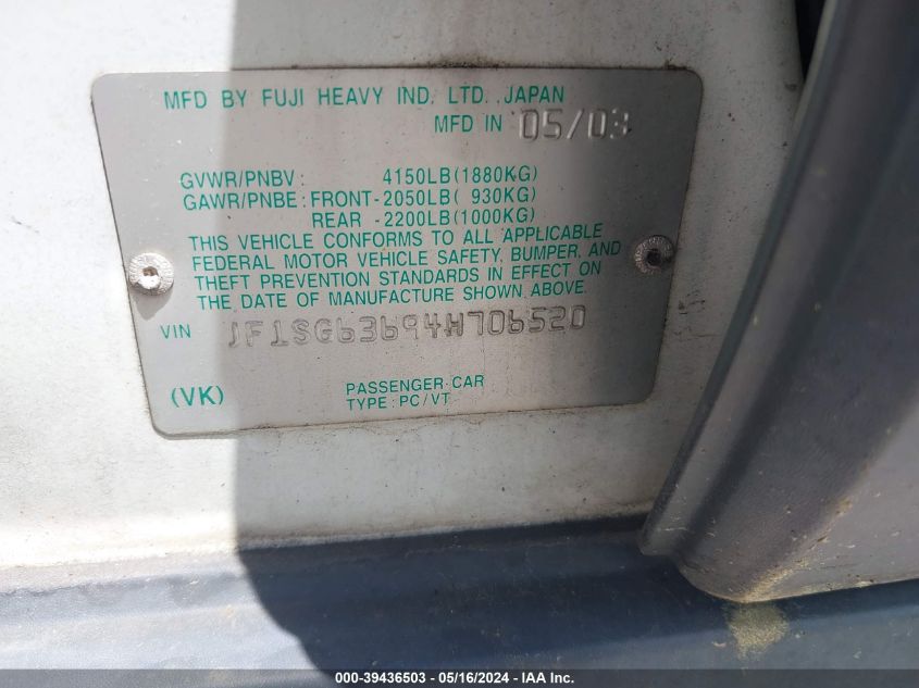 2004 Subaru Forester 2.5X VIN: JF1SG63694H706520 Lot: 39436503