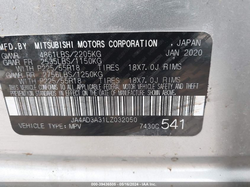 2020 Mitsubishi Outlander Le 2.4 VIN: JA4AD3A31LZ032050 Lot: 39436505