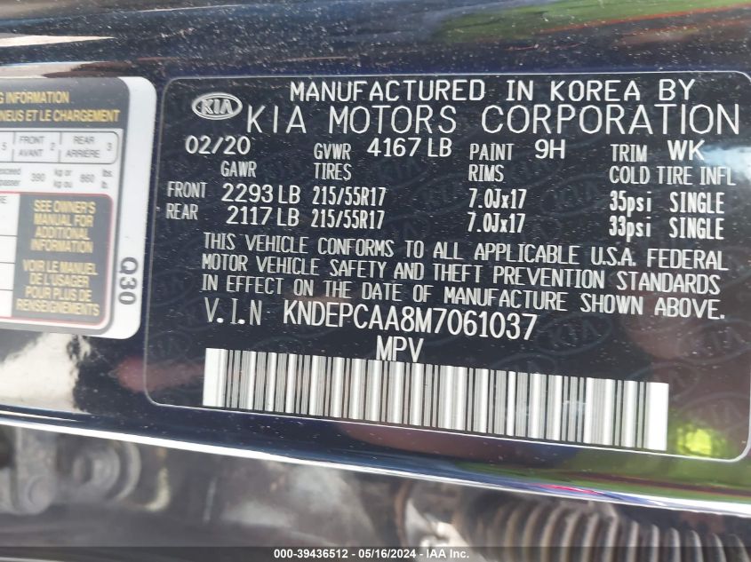 2021 Kia Seltos Lx VIN: KNDEPCAA8M7061037 Lot: 39436512