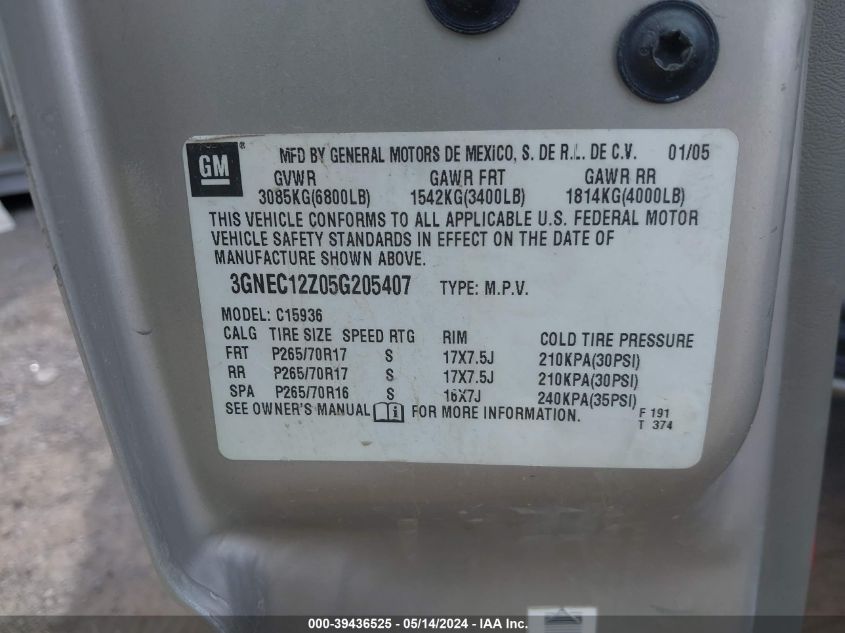 2005 Chevrolet Avalanche 1500 Z66 VIN: 3GNEC12Z05G205407 Lot: 39436525