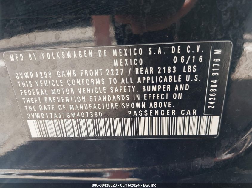2016 Volkswagen Jetta 1.8T Sport VIN: 3VWD17AJ7GM407350 Lot: 39436528