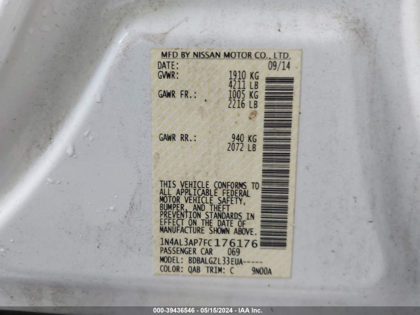 2015 Nissan Altima 2.5 S VIN: 1N4AL3AP7FC176176 Lot: 39436546