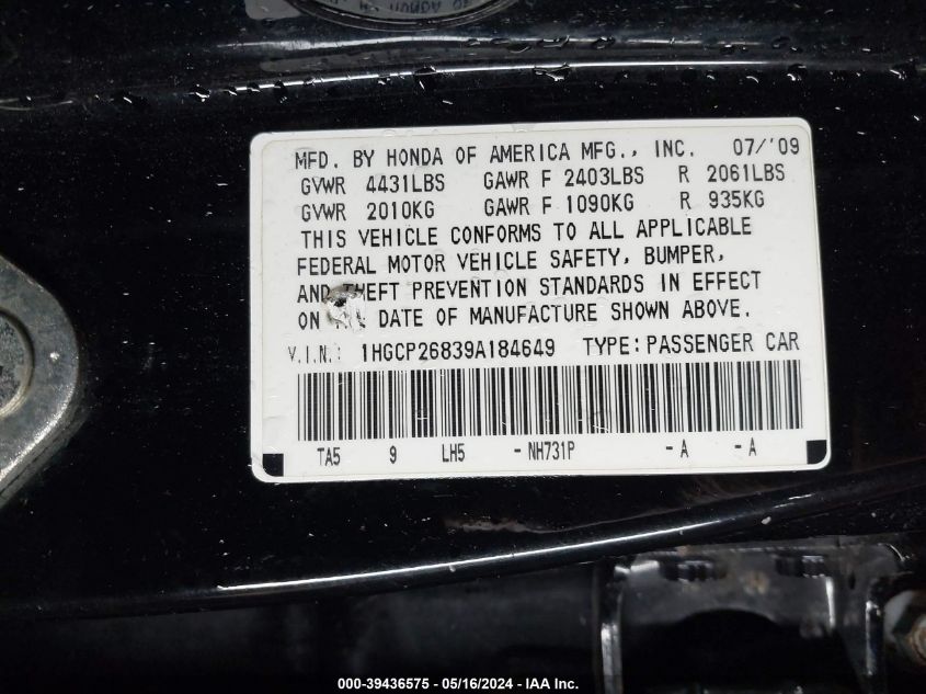 2009 Honda Accord 2.4 Ex-L VIN: 1HGCP26839A184649 Lot: 39436575