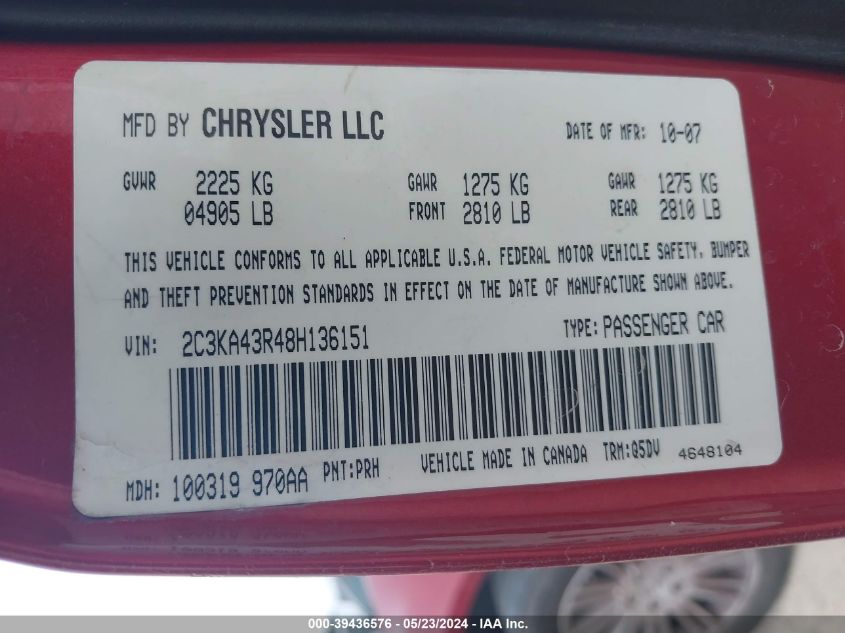 2008 Chrysler 300 Lx VIN: 2C3KA43R48H136151 Lot: 39744914