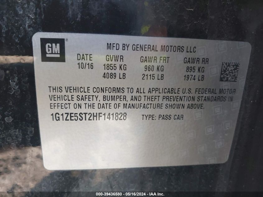 2017 Chevrolet Malibu 1Lt VIN: 1G1ZE5ST2HF141828 Lot: 39436580