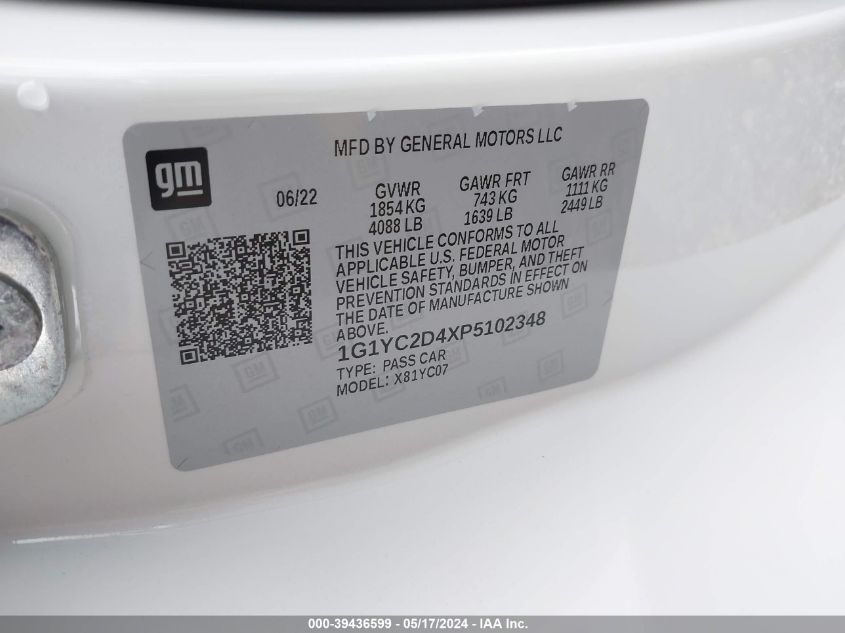 2023 Chevrolet Corvette Stingray Rwd 3Lt VIN: 1G1YC2D4XP5102348 Lot: 39436599