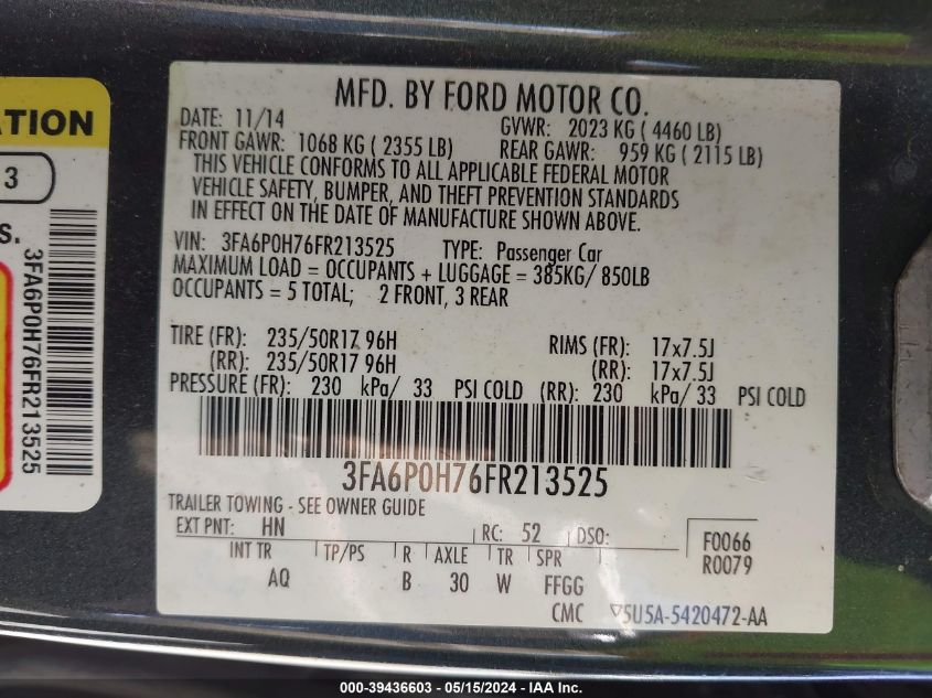 2015 Ford Fusion Se VIN: 3FA6P0H76FR213525 Lot: 39436603