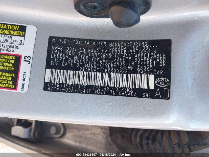 2011 Toyota Corolla S VIN: 2T1BU4EE0BC690933 Lot: 39436607