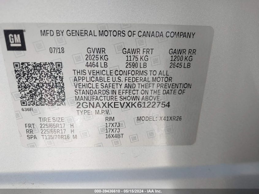 2019 Chevrolet Equinox Lt VIN: 2GNAXKEVXK6122754 Lot: 39436610