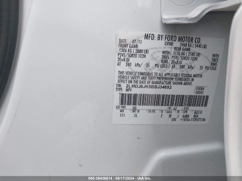 2011 Lincoln Mkx VIN: 2LMDJ6JK5BBJ34652 Lot: 39436614