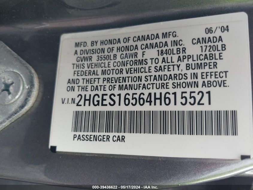 2004 Honda Civic Lx VIN: 2HGES16564H615521 Lot: 39436622