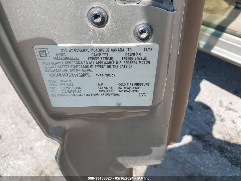 1999 Chevrolet Silverado 1500 Ls VIN: 2GCEK19T5X1139865 Lot: 39436623
