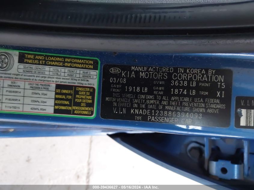 2008 Kia Rio Lx VIN: KNADE123886394093 Lot: 39436627