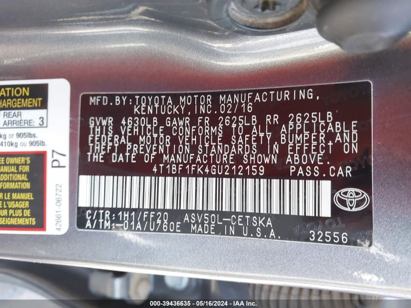 2016 Toyota Camry Se VIN: 4T1BF1FK4GU212159 Lot: 39436635