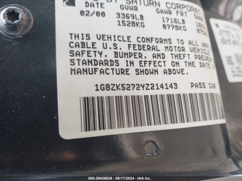 2000 Saturn Sl2 VIN: 1G8ZK5272YZ214143 Lot: 39436638