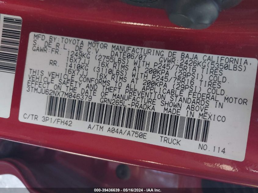 2007 Toyota Tacoma Prerunner V6 VIN: 3TMJU62NX7M046379 Lot: 39436639