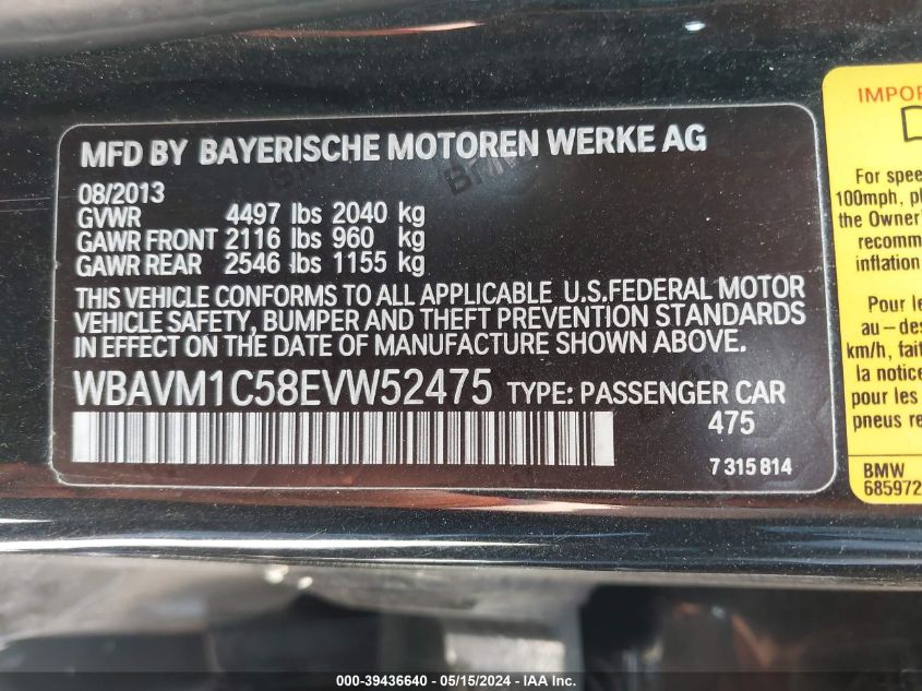 2014 BMW X1 Sdrive28I VIN: WBAVM1C58EVW52475 Lot: 39436640
