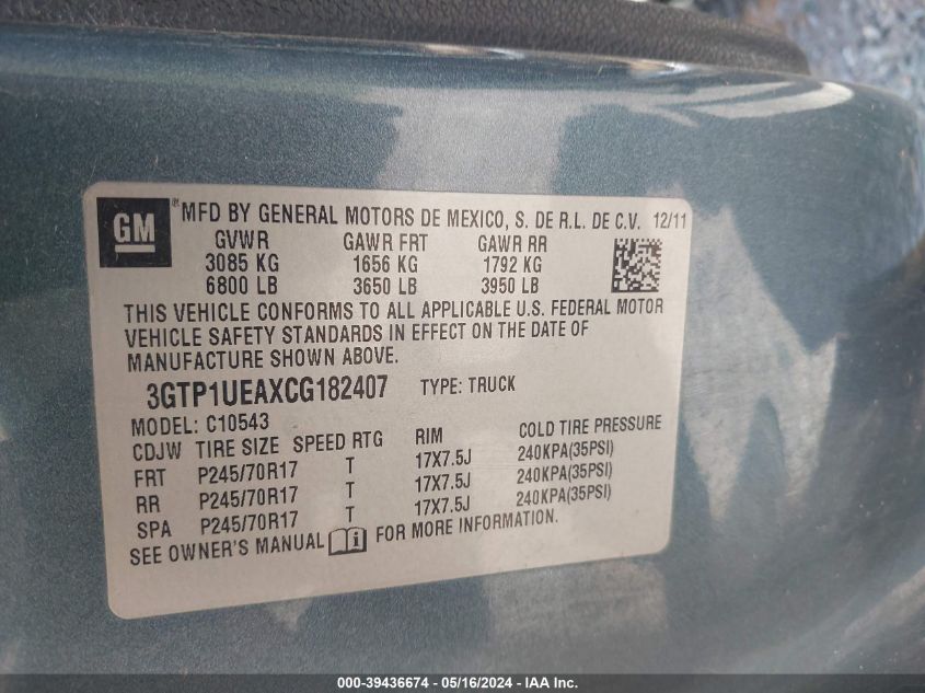 2012 GMC Sierra 1500 Sl VIN: 3GTP1UEAXCG182407 Lot: 39436674