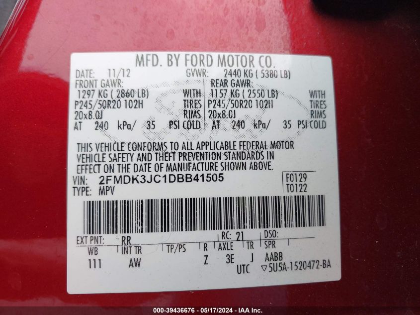 2013 Ford Edge Sel VIN: 2FMDK3JC1DBB41505 Lot: 39436676