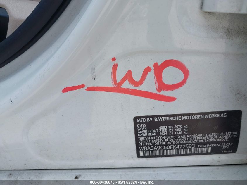 2015 BMW 335I VIN: WBA3A9C50FK472523 Lot: 39436678