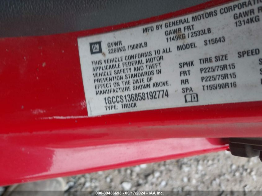 2005 Chevrolet Colorado Ls VIN: 1GCCS136858192774 Lot: 39436693