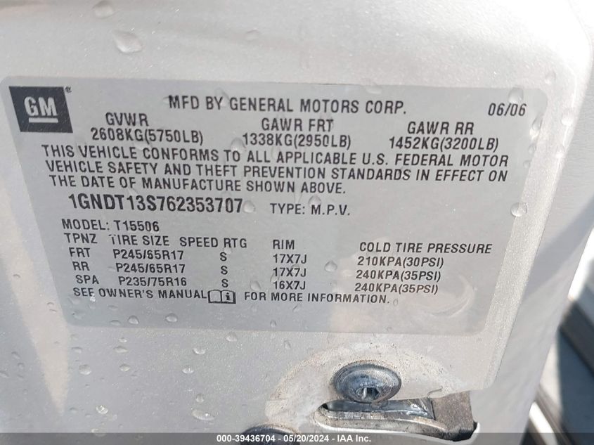 2006 Chevrolet Trailblazer Lt VIN: 1GNDT13S762353707 Lot: 39436704