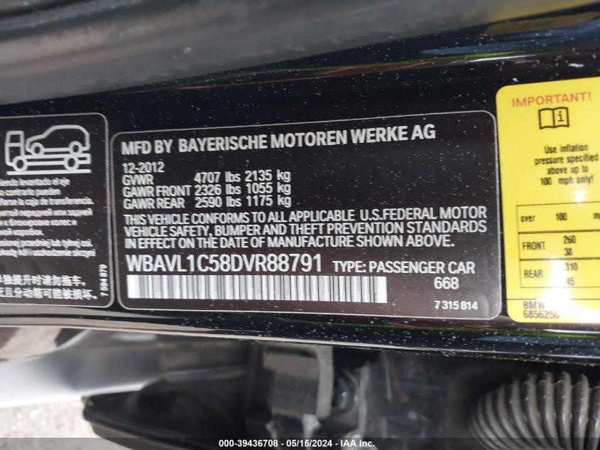 2013 BMW X1 xDrive28I VIN: WBAVL1C58DVR88791 Lot: 39436708