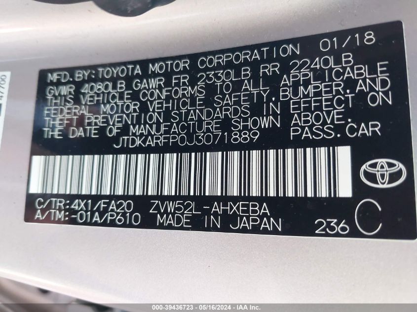 2018 Toyota Prius Prime Plus VIN: JTDKARFP0J3071889 Lot: 39436723