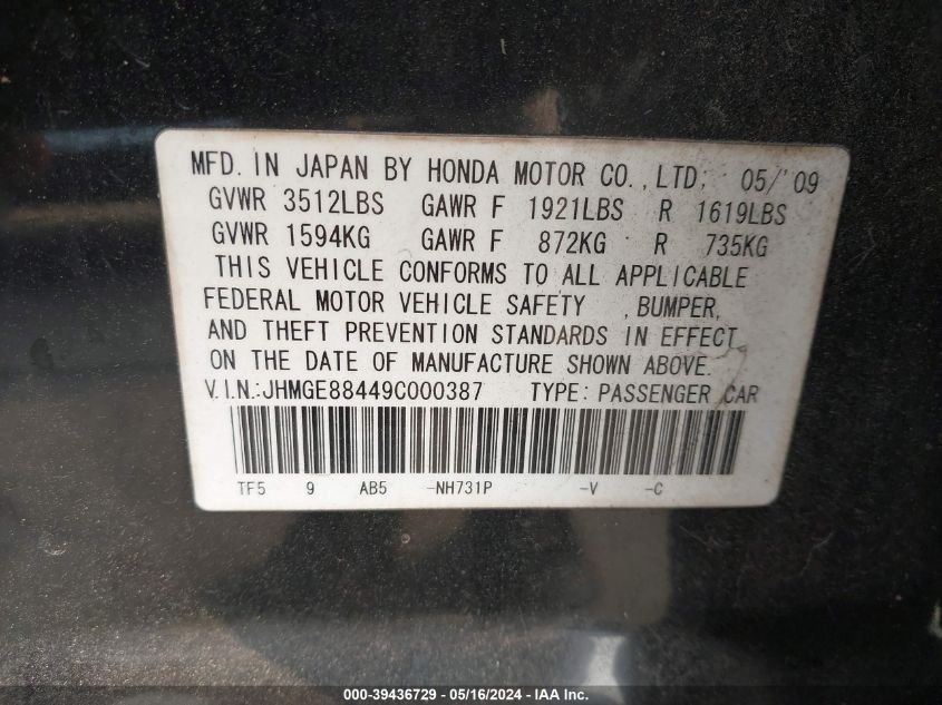 2009 Honda Fit Sport VIN: JHMGE88449C000387 Lot: 39436729